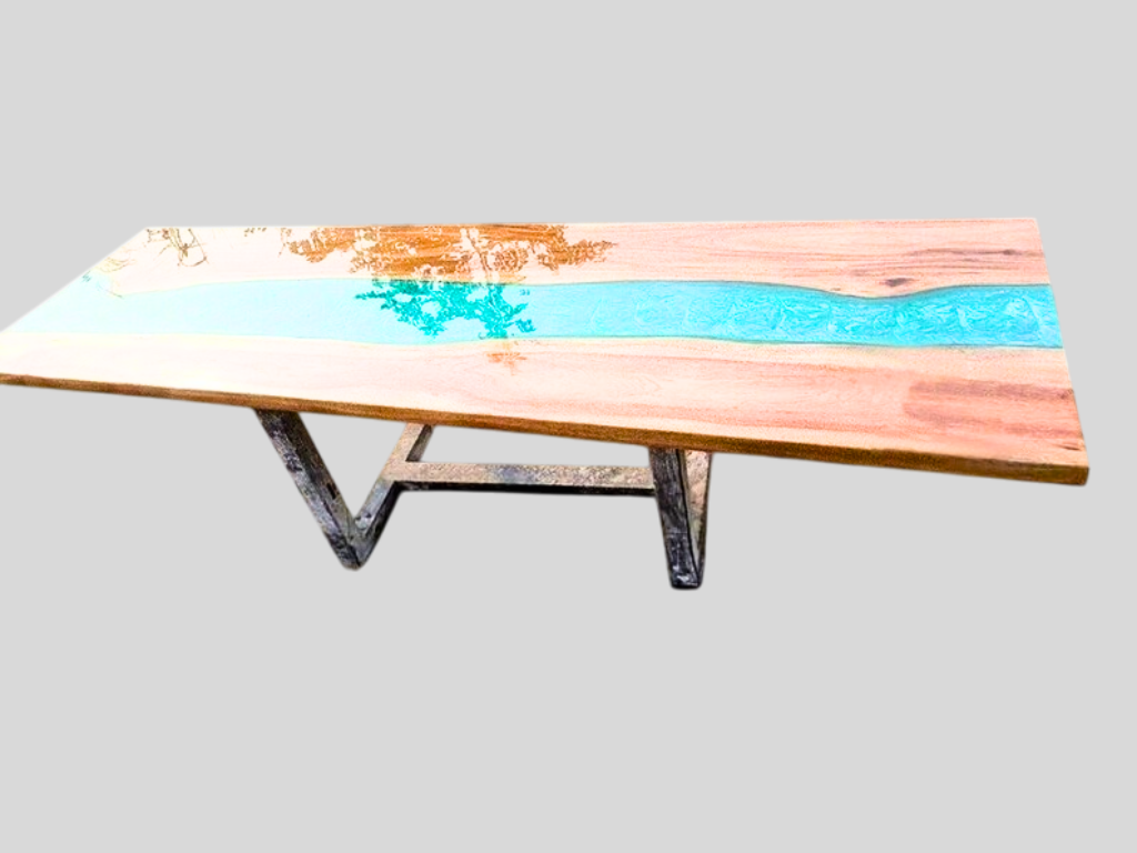 Custom Poplar Wood Blue River Epoxy Table Top for Dining Room Interior Exclusive Furniture 